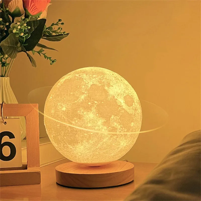 Lámpara lunar 3D tamaño 15cm con base de roble — SmartHome Pro
