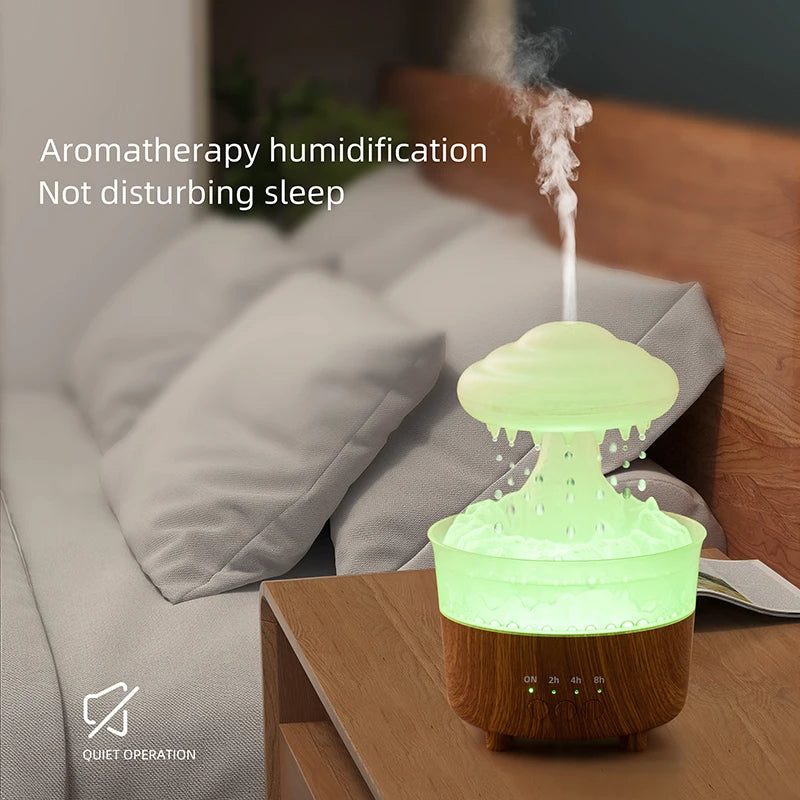 Humidificador nube encendido con luz LED azul — ambiente relajante dormitorio
