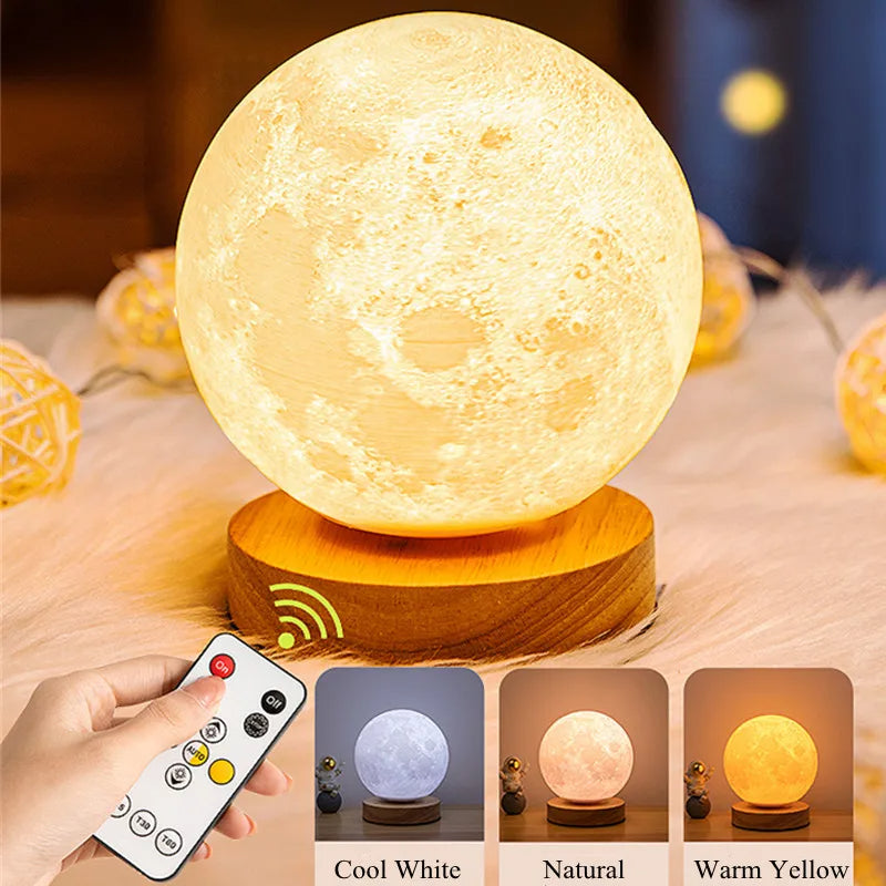 Lámpara lunar 3D encendida con luz blanca cálida — decoración dormitorio
