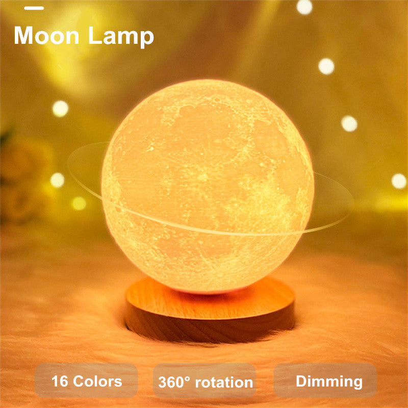 Lámpara luna 3D girando 360° sobre base de madera de roble
